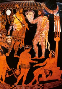红人像 volute krater 和一个演员拿着他的面具，来自 Ruvo，公元前 410 年（陶瓷） 作者 画家代词