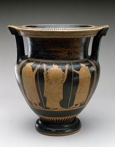 红色雕像专栏Krater，饰有一个女人和两个年轻人的场景，公元前480-460年（兵马俑） 作者 画家西里斯科斯（Syriskos）