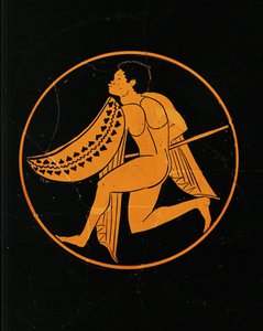 黑武士来自伊特鲁里亚 Poggio Sommavilla 的红色图案杯的中心徽章。公元前 510-500 ... 作者 伦敦画家