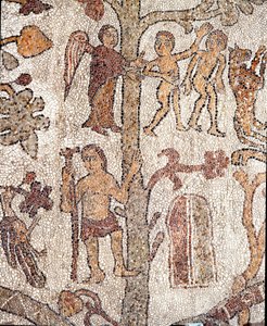 亚当和夏娃从祭司和马赛克的Pantaleone地球天堂马赛克中狩猎。 1163-1166。奥特朗托大教堂的中央教堂 作者 Pantaleon