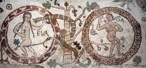 亚当和夏娃的诱惑 Pantaleone 的马赛克，牧师和马赛克。 1163-1166。 意大利奥特朗托 (Otranto) 大教堂的中央教堂中殿 作者 Pantaleon Pantaleon