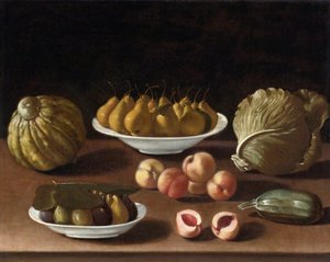 "" 静物与梨、桃子、无花果、甜瓜、卷心菜和骨髓）Paolo Antonio Barbieri（1603-1649）绘画，布面油画，76，5x94 - 私人收藏