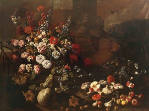 鲜花、水果、蘑菇和鸟类静物（布面油画） 作者 保罗·波波拉（Paolo Porpora）