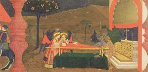 亵渎圣体的普雷德拉：约 1468 年，由天使和魔鬼看守的犹太当铺老板的尸体（蛋彩画板）（细节） 作者 保罗·乌切洛