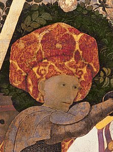 圣罗马诺之战，Niccolo da Tolentino的头部细节，1435佛罗伦萨雇佣兵领袖，c.1450-60温度计，30690面板细节 作者 保罗·乌切洛