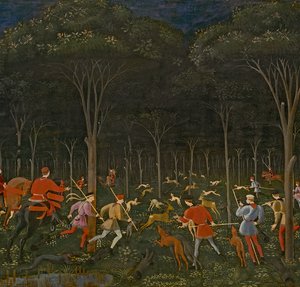 森林中的狩猎，c.1465-70油面板细节100861 作者 保罗·乌切洛