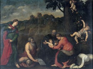The Holy Family with Saints Jerome, Catherine of Alexandria and Angels (oil on canvas) 作者 巴黎·博尔多内