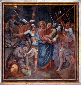 基督的一生"犹大之吻和基督被俘"（耶稣受难记，犹大之吻和耶稣被俘） 巴黎-诺加利（1536-1601 年）的壁画 1594-1600 年 罗马圣普拉塞德教堂（圣普拉塞德） 意大利 作者 巴黎诺加里