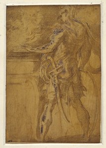 Mucius Scaevola 将手伸入火焰中（淡黄底色上的金属点，纸面上的白色体彩点缀）