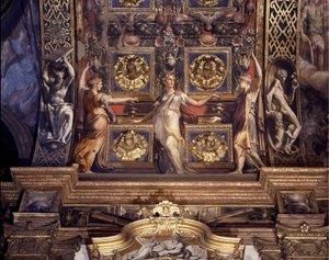 五个疯狂的处女中的三个。弗朗西斯科-马佐拉（1503-1540）的壁画细节，被称为 "帕尔米吉安诺"（Parmigianino），装饰在帕尔马圣母玛利亚教堂的主要拱顶。 作者 帕玛强尼诺