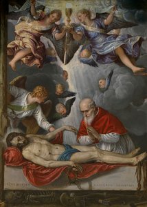 西班牙文：  Cristo yacente adorado por el papa Pío V 庇佑五世瞻仰的死去的基督 作者 Parrasio Micheli