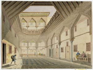 阿齐尔-奥斯曼-阿加（Azir Osman Agha）家的大篷车内景。帕斯卡尔-科斯特（1787-1879 年）的水彩画，马赛地中海考古博物馆