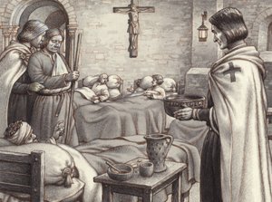 戈弗雷-德-布永观看本笃会修道士照顾伤员（水粉画，纸面）