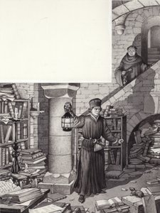 圣加仑修道院荒废的图书馆中的波焦-布拉乔里尼（纸面水粉画）