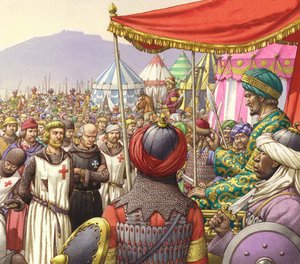 萨拉丁下令处死 200 名圣殿骑士和耶稣会骑士（水粉画，纸本）