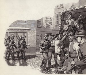 一名德国士兵帮助战俘从一辆卡车上逃跑（水粉画，纸面）