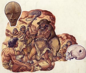 石器时代的医生驱赶导致同伴生病的魔鬼（水粉画纸）