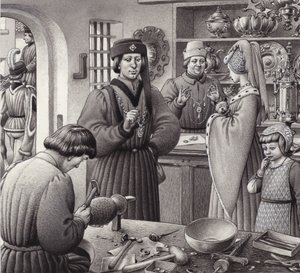 15 世纪意大利的一家金匠店（水粉画，纸本）