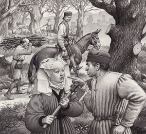 一位妇女在砍下树枝时发现自己陷入困境（水粉画，纸本）