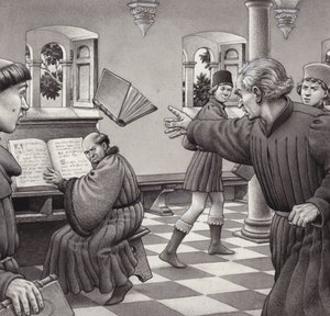 波焦-布拉乔里尼向同行学者托尔泰利扔书（纸面水粉画）