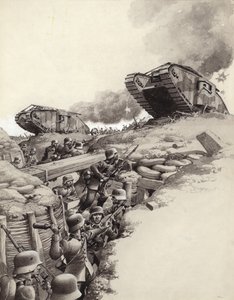 大战期间，坦克在德军战壕上翻滚（水粉画纸）