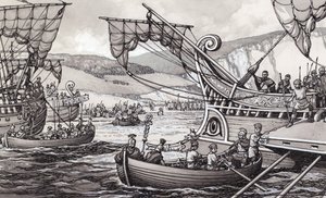 公元前 55 年，凯撒大帝统治下的罗马人入侵英格兰（水粉画，纸本）