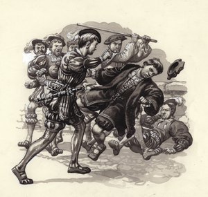 威廉-赫伯特在布里斯托尔袭击一名无辜路人（水粉画，纸本） 作者 帕特 (1907-95) 妮可