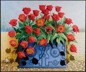 到达那里》，2011 年（压克力花布）花朵；郁金香；静物；窗台；蟾蜍；青蛙；蝴蝶； 作者 帕特·斯科特