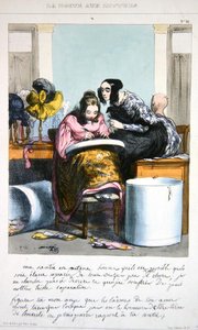 制帽业的工人在写信，约1840年（彩色平版印刷）。