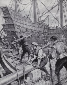 建造英国大帆船皇家方舟，这是 1588 年对抗西班牙无敌舰队的旗舰（石版画） 作者 保罗（继）哈代