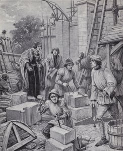 亨利六世国王负责监督他于 1440 年创立的伊顿公学（石版画） 作者 保罗（继）哈代