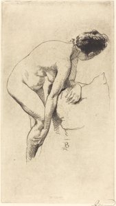 握着腿的裸体 女子在果酱上站立，1886年。