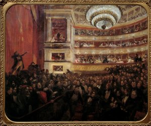 1830 年 2 月 25 日，维克多·雨果（Victor Hugo，1802-1885 年）的作品“Hernani”在法国喜剧剧院首映。 保罗·阿尔伯特·贝斯纳德 (1849-1934) 的绘画，19 世纪太阳。 1,05x1,22 m 巴黎，房子维克多雨果