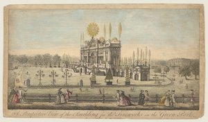 伦敦绿色公园的烟花建筑透视图，约1749年。 作者 保罗·安吉尔