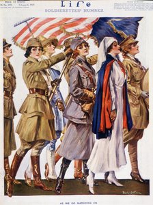 美国妇女（士兵、农民、护士）与国旗同飞，作者 Stahr（1883-1953 年）--牛。1919 年 2 月 6 日的 "生活"。 作者 Paul C. Stahr
