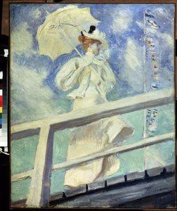 白衣女子。保罗-塞萨尔-海勒（1859-1927 年）的画作。布面印象派油画。尺寸：82x66 厘米。莫斯科普希金博物馆 作者 保罗·塞萨尔·Helleu