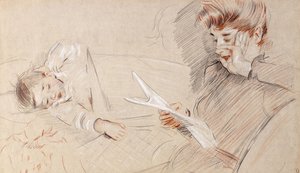 Helleu Reading女士，Paulette躺在沙发旁边， 作者 保罗·塞萨尔·Helleu