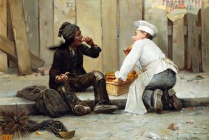 "小面包师和小扫烟囱的"，两个孩子正在人行道上享用糕点。扫烟囱的孩子满身烟灰，而面包师则穿着洁白无瑕的衣服。保罗-乔卡纳-莫罗（Chocarne-Moreau）的画作（1855 年