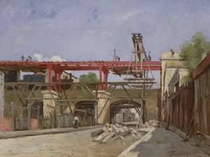 工人在1888年巴黎Rue de la Voute桥上举起环形铁路轨道
