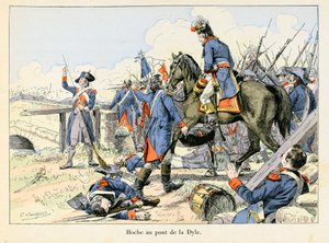 戴尔桥上的霍赫。1793年3月，拉扎尔-霍赫（Lazare Hoche）（1768-1797）在鲁汶（比利时）前面的戴尔河的通道上掩护撤退，与奥地利人作战--埃米尔-布蒂尼（Emile Boutigny）的插图（1853-1929）在西奥多的《霍赫-马尔绍-德赛》中 作者 保罗·埃米尔·布蒂尼