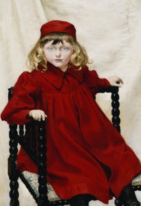 哈里特·菲舍尔（Harriet Fischer）的肖像，三分之三的小长度，穿着一件红色连衣裙，1896年 作者 保罗·菲舍尔