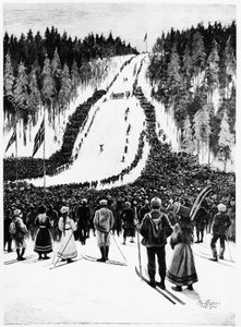 滑雪：挪威德比，滑雪比赛--保罗-菲勒的绘画，1900年2月，Bibl.des Arts Deco。 作者 保罗·菲舍尔