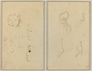 五个头像的研究；一个男孩的轮廓和手脚的研究[背面] 。 作者 保罗·高更