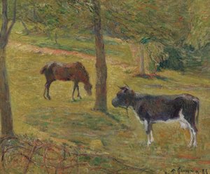 法语：Vache et cheval dans un pré 草地上的牛和马 作者 保罗·高更