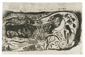 带角魔鬼头像的版画，选自《晚期木块版画组曲 作者 保罗·高更