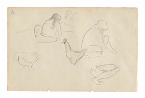 坐姿人物和鸡的素描（正面），裸女躯干（与画作《Te a no areois》有关）（背面），出自 Carnet de Tahiti（大溪地素描本）。 作者 保罗·高更