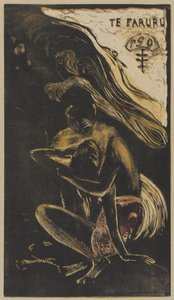 Te Faruru（我们在这里做爱），1893-94 年冬（木刻版画，黑色、浅棕色、黄色和红色，印在奶油色织纹纸上，裱在米色纸板上） 作者 保罗·高更