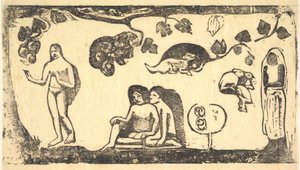 妇女，动物与叶子，1898年。 作者 保罗·高更