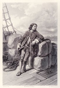 Lemuel Gulliver船长在他的商船上，来自法国版的Gullivers Travels作者：Jonathan Swift 作者 保罗·加瓦尔尼