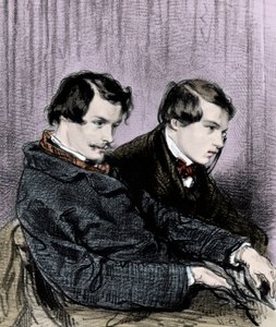 龚古尔兄弟--埃德蒙-德-龚古尔（1822-1886）和朱尔斯-德-龚古尔（1830-1870）在剧院的一个包厢里 作者 保罗·加瓦尔尼